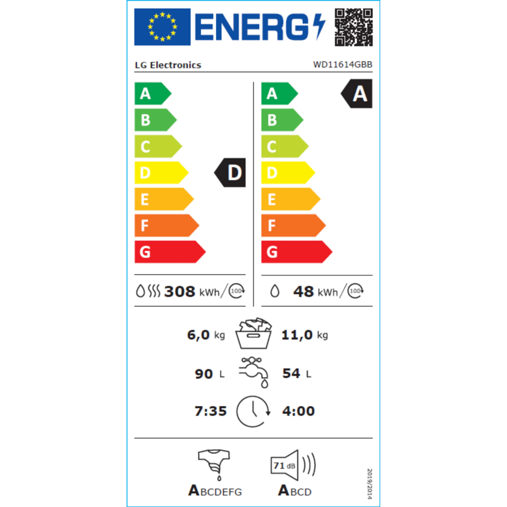 מכונת כביסה פתח חזית 11 ק"ג משולבת מייבש 6 ק"ג LG WD11614GBB - יבואן רשמי