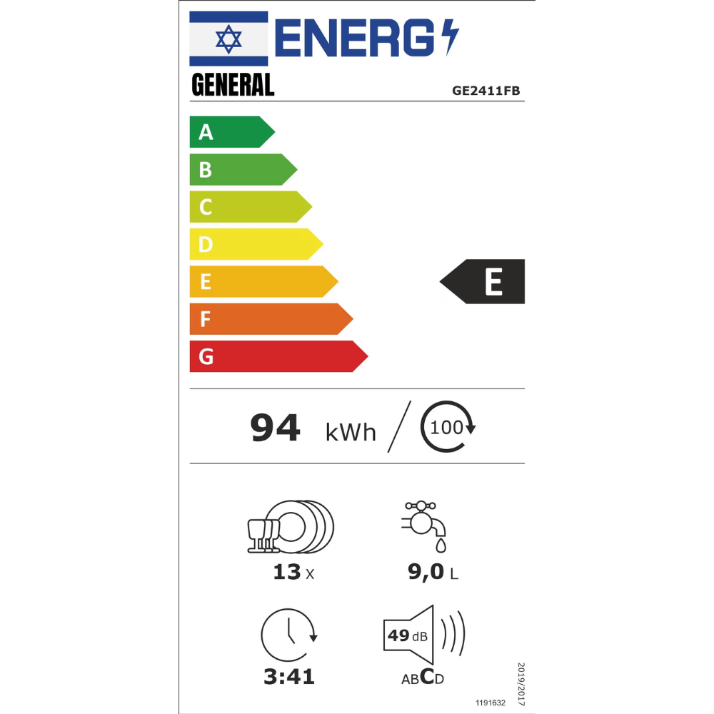 מדיח כלים עומד 60 ס"מ ג'נרל דגם GE2411FB נירוסטה מושחרת - יבואן רשמי