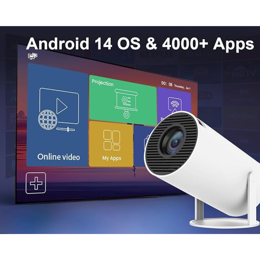 מקרן וידאו חכם נייד מבית MAGCUBIC עם סיבוב 180°, Android 14, תמיכה ב-4K, Wi-Fi 6 ו-Bl