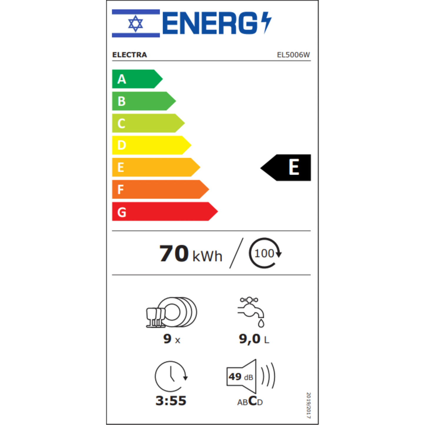 מדיח כלים צר 9 מערכות כלים Electra EL5006W - גימור לבן